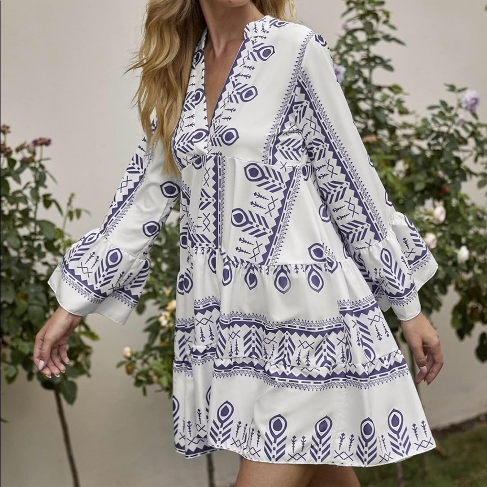 blue & white summer dress with sleeves